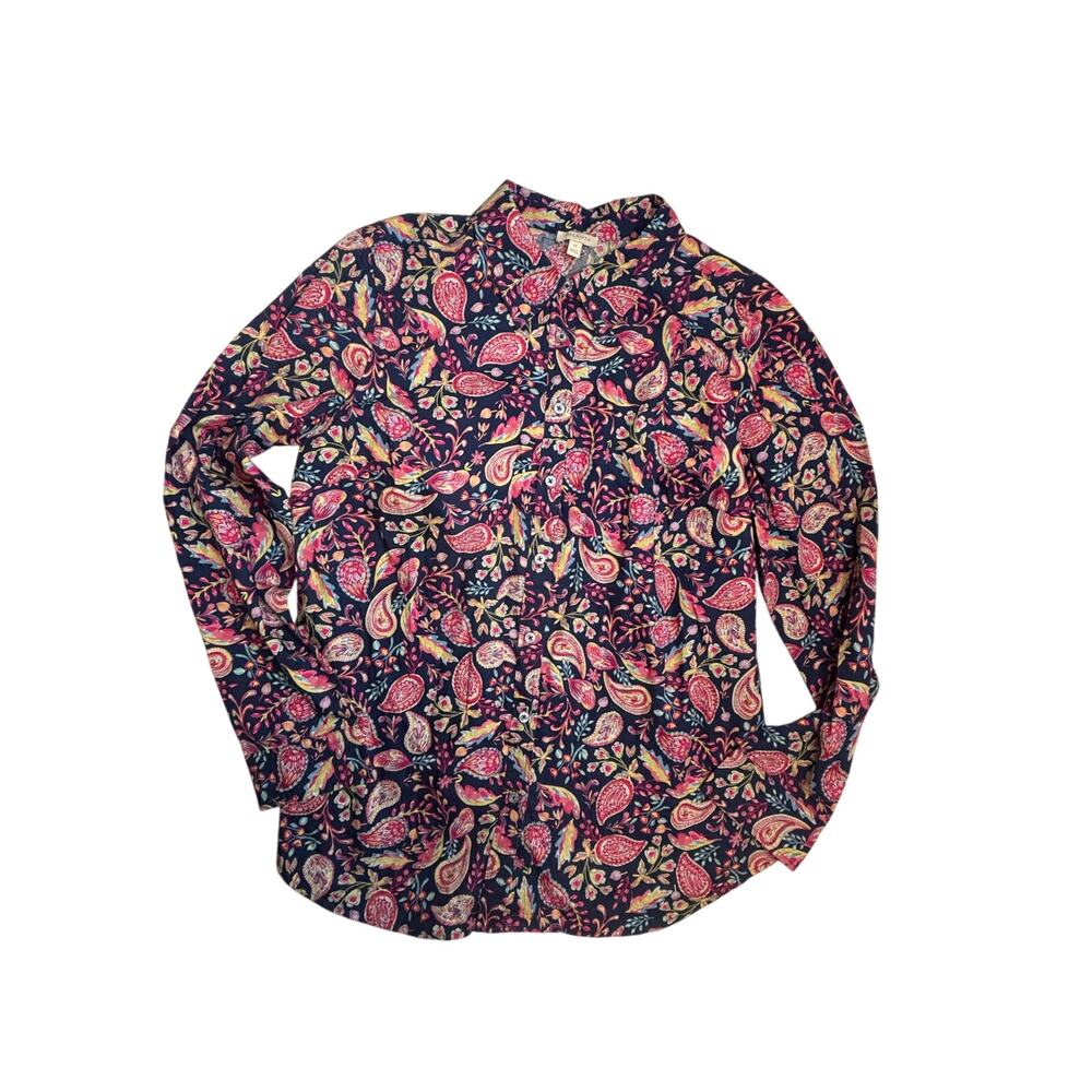 Talbots Button Up Shirt Womens M Pink Navy Paisley Cotton